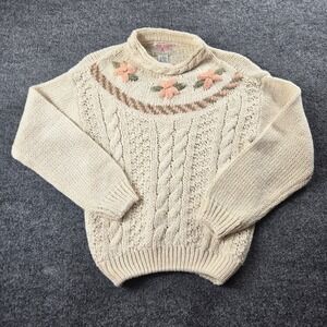 American Weekend Sweater Womens S Cream Excellent Hand Knit Floral Cable (T9)